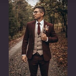 Men's Burgundy Suit Jacket & Pants with Beige Waistcoat